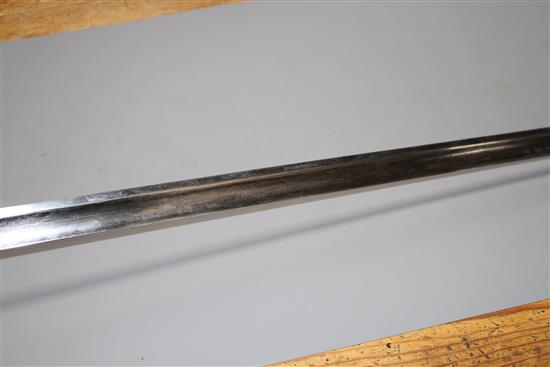 A Georgian infantry officers sword, fine gilt hilt, folding guard, the blade etched GR and Royal Arms, blade 82.5cm, overall length 99